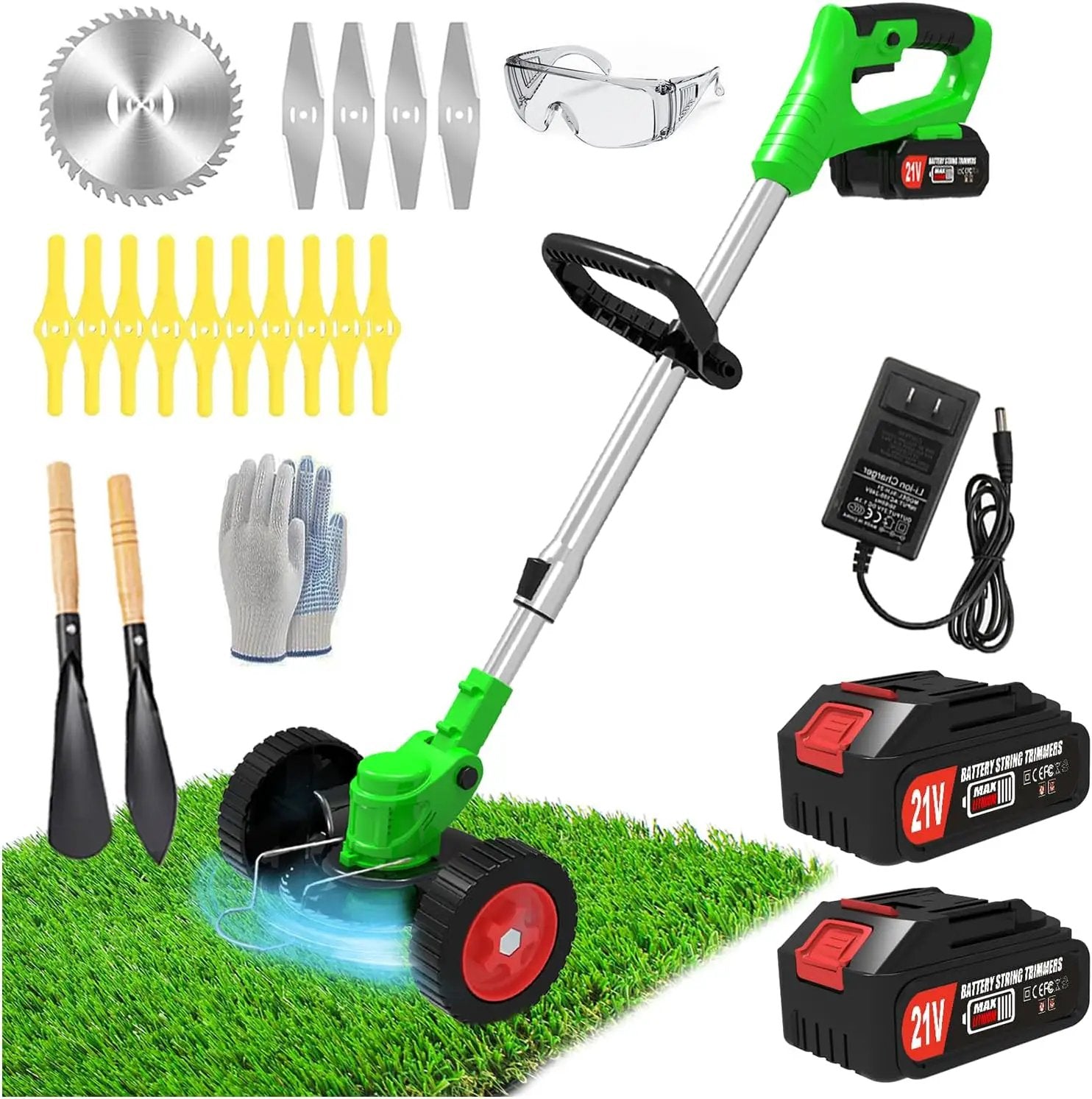 Electric Weed Wacker Eater Cordless Battery Powered, Weed Trimmer 21V Lightweight No-String with 2 Battery Operated & Wheels, 3 in 1 Stringless Grass Trimmer/Edger/Brush Cutter for Garden Yard Lawn by GreenHaven Gardens