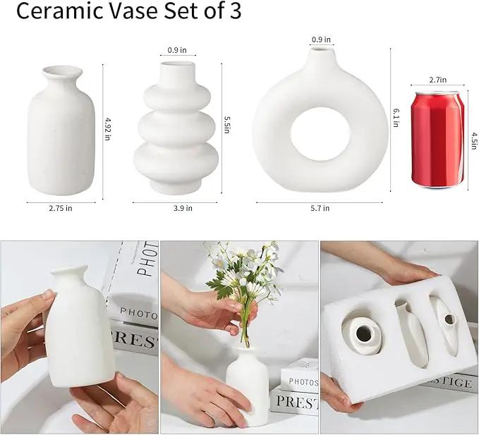 Ceramic Vase Set of 3, Small Flower Vase for Home Decor, Decorative Vases for Pampas Grass & Dried Flowers, Living Room, Bedroom, Bathroom, Shelf Centerpiece Table Decorations by GreenHaven Gardens