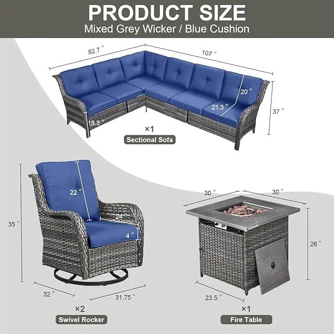 Outdoor Sectional Sofa Furniture Set with Propane Fire Pit Table, Wicker Patio Conversation Set with 2 Swivel Glider Rocker Chairs Blue Cushion Perfect for Backyard Casual Gathering by GreenHaven Gardens
