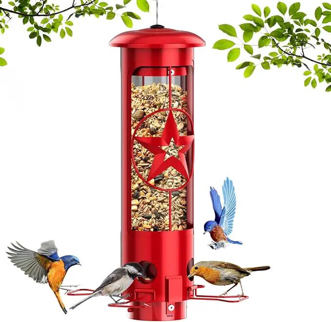 Squirrel Proof Bird Feeders for Outdoors Hanging, Metal Squirrel Proof Bird Feeder with Gravity Protection, 3LB Large Capacity Wild Bird Feeders for Outside Finch, Cardinal, Blue Jay (Red) by GreenHaven Gardens