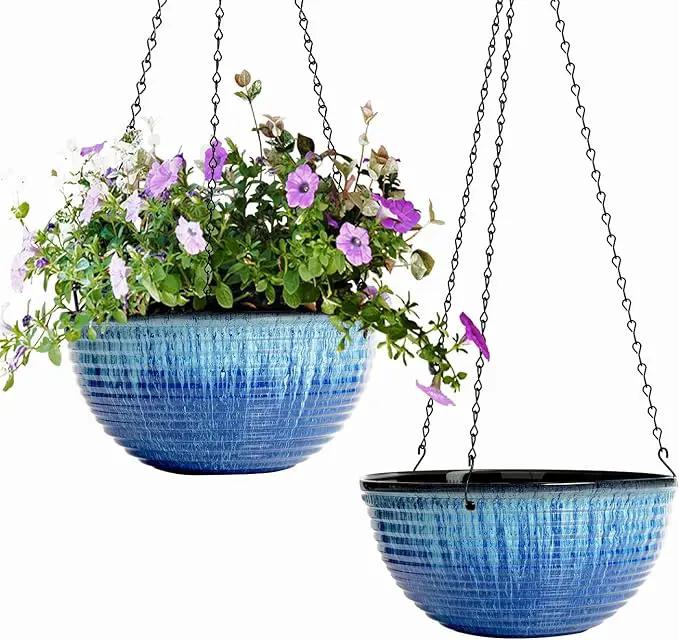 2 Pack Hanging Planters for Indoor Outdoor Plants, 10 Inch Hanging Planter with Drainage Hole & Plug Glazed Hanging Baskets Flower Pots for Garden Home (Blue Flow Glaze) by GreenHaven Gardens