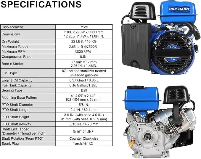 BILT HARD Gas Engine 79cc 2 HP, Gas Motor for Log Splitter, Pressure Washer and Water Pump, EPA & CARB Certified, 4 Stroke OHV Horizontal Shaft with Recoil Start by GreenHaven Gardens