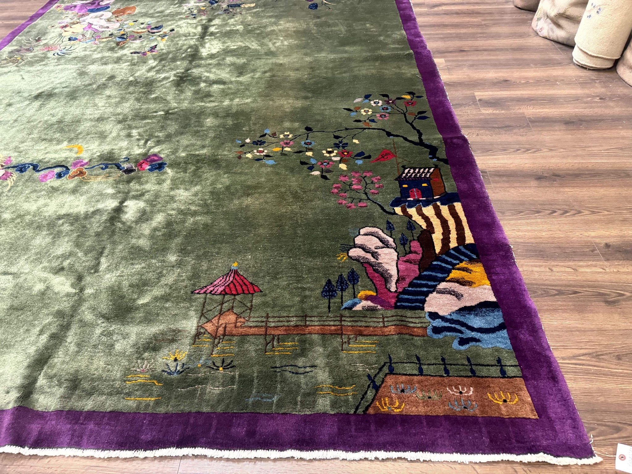 Antique Chinese Nichols Rug 9x12 - Rare Green and Purple Art Deco Carpet by Jewel Rugs