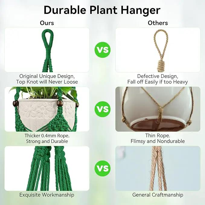 USLAI Macrame Handmade Basket Plant Hanger (2-Pack), for 3-8 Inch Pots, Indoor Outdoor Strong Hanging Planter Flower Pot Holder with Beads and Tassels, Boho Home Decor (POTS NOT Included) (Green) by GreenHaven Gardens