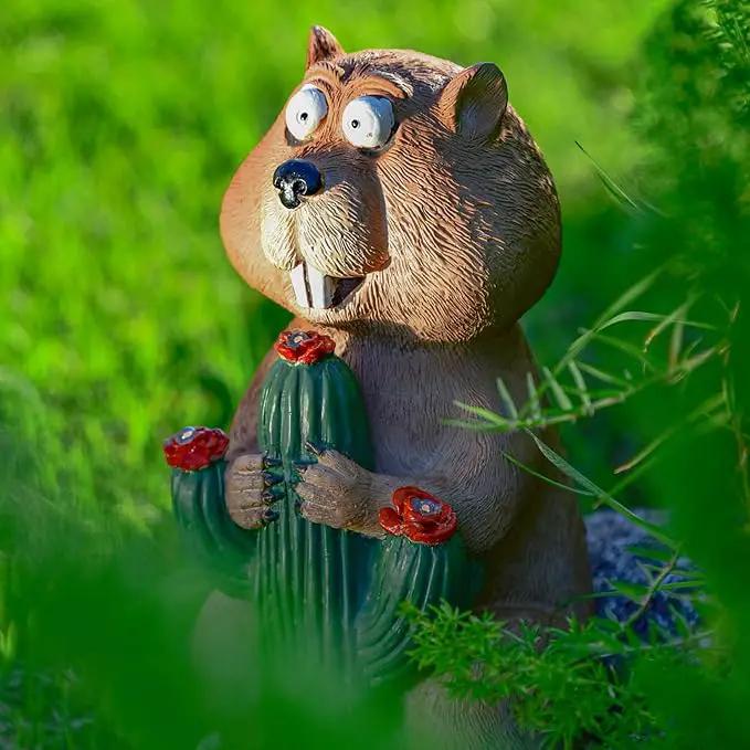 Solar Groundhog Garden Statue with LED Lights - Resin Cactus Planter Ornament for Outdoor Decor, Lawn, Patio, Yard, and Balcony, Unique Garden Gift for Women, Mom, and Grandma by GreenHaven Gardens