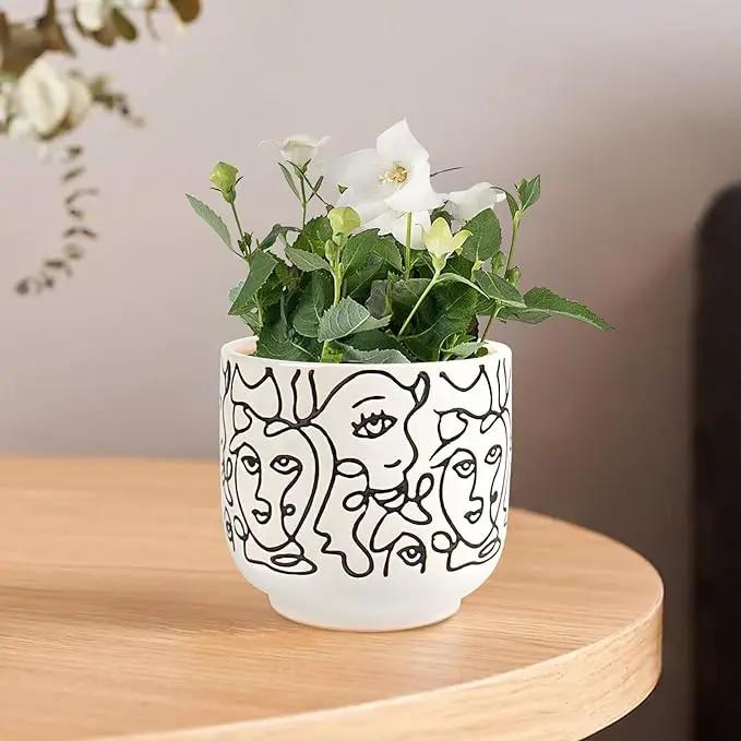 Docrin Plant Pots Indoor with Drainage : 6.6+5.4 Inch Ceramic Flower Pots for Plants - Set of 2 Modern Decorative Face Planters for House/Office/Gift - /Black and White by GreenHaven Gardens