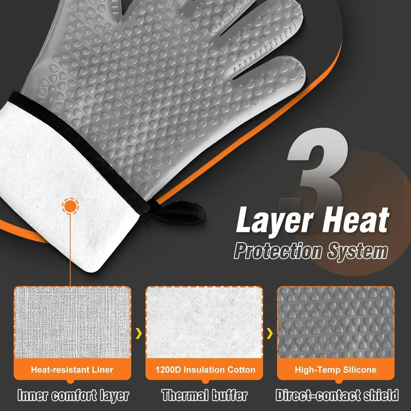 Walfos Silicone BBQ Gloves - Heat Resistant Grilling Gloves, Premium Non-Slip Kitchen Silicone Oven Mitt with Protective Cotton Layer Inside, Waterproof, Great for Grilling, Kitchen and Cooking, Gray by GreenHaven Gardens