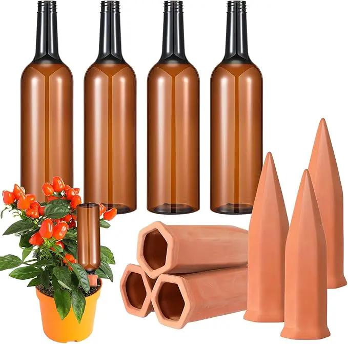 Baderke 8 Pcs 4 Set Plant Watering Devices, Terracotta Watering Spikes with 25 oz Plastic Wine Bottles, Slow Release Vacation Insert Automatic Plant Waterer Device for Indoor Outdoor by GreenHaven Gardens