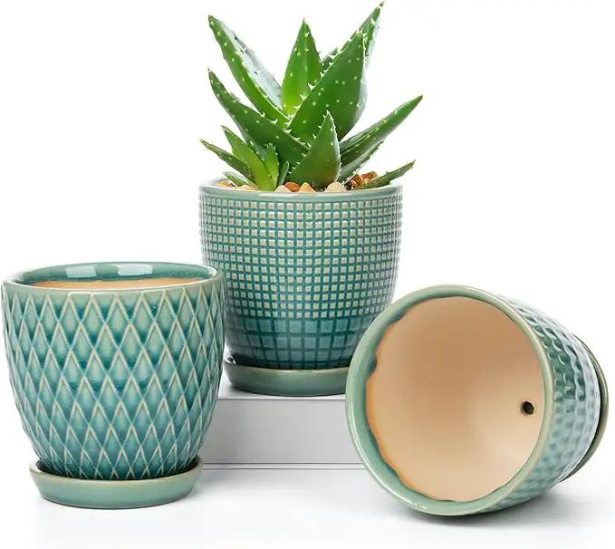 Oairse 4 inches Ceramic Planters Pots for Indoor Plants 3 Set of Small Round Flower Pots with Drainage Hole and Ceramic Tray Modern Planters Set for Succulents Cactus Garden Home Windowsill Table by GreenHaven Gardens