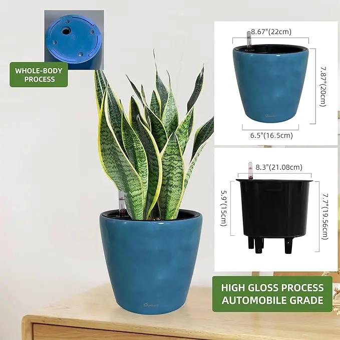 Dexceder 9x8 Inches Self Watering Planter Indoor Outdoor, Inner Pot Design, Thickened Table Flower Plant Pot with Water Level Indicator (Peacock Blue Gradient) by GreenHaven Gardens