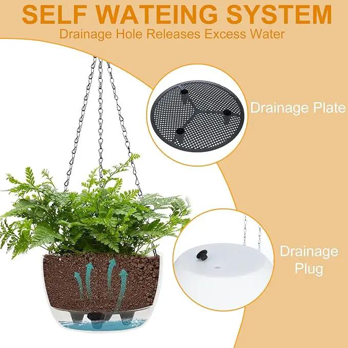 2 Packs Hanging Planters Basket for Outdoor Plants, Solar Powered Self Watering White Round Plastic Flower Pots with Drainer for Balcony Patio Garden Outdoor Decoration by GreenHaven Gardens