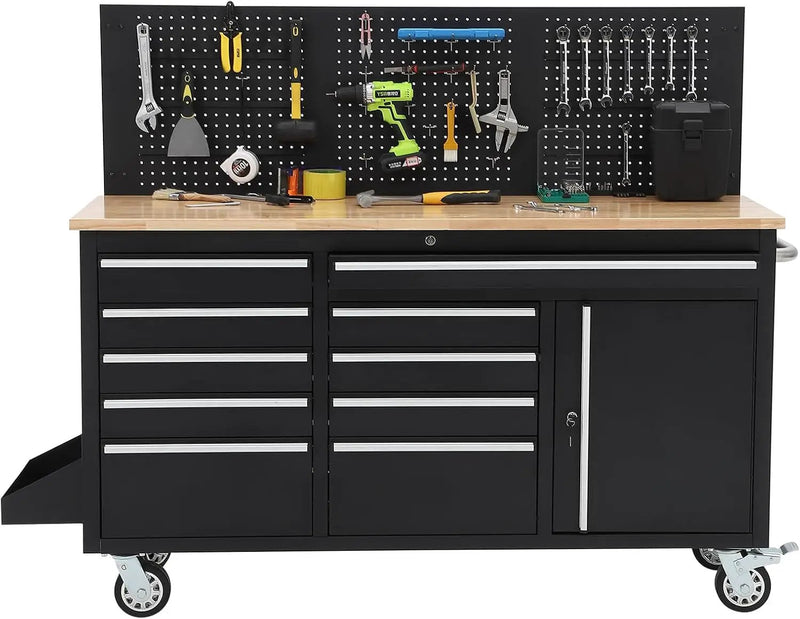 Heavy Duty 61" Tool Chest Cabinet, Mobile Garage Workbench with 10 Drawers and Power Strip, Rubber Wood Worktop, 1675 LBS Load, Rolling Tool Storage Organizer for Mechanic, Shop or Home Use by GreenHaven Gardens