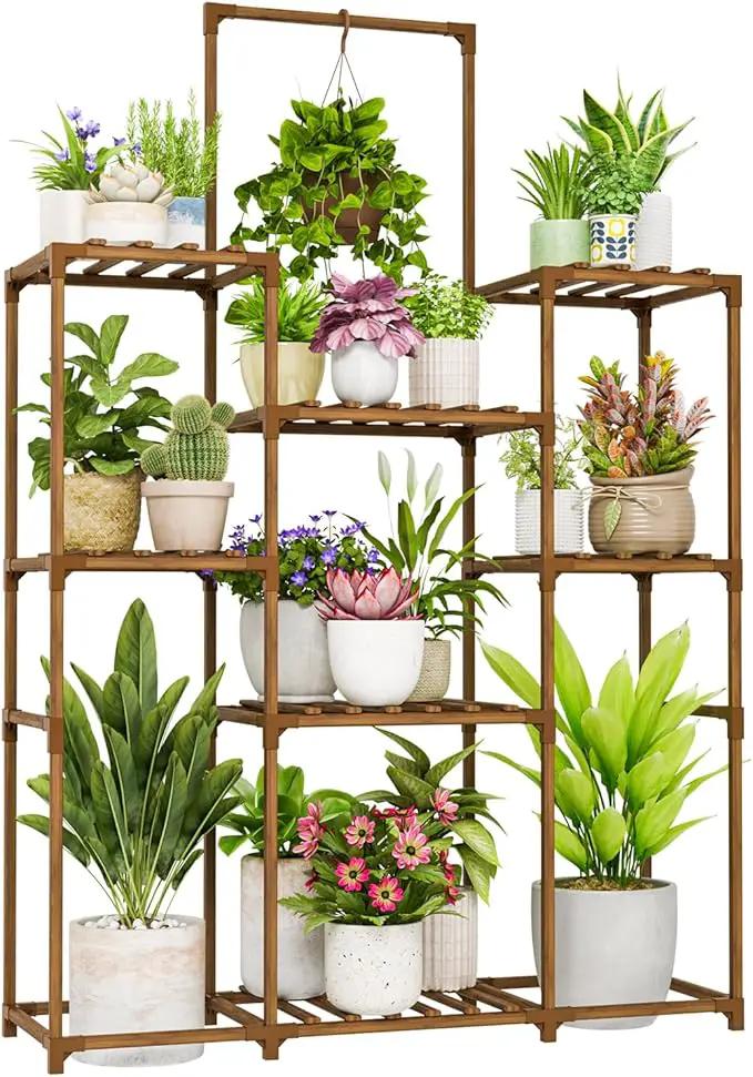 Bamworld Plant Stand Indoor Outdoor Large Plant Shelf Tall Hanging Plant Holder Wood Flower Stand for Window Living Room Garden Balcony Home Decor Flower Patio 3 Tiers by GreenHaven Gardens