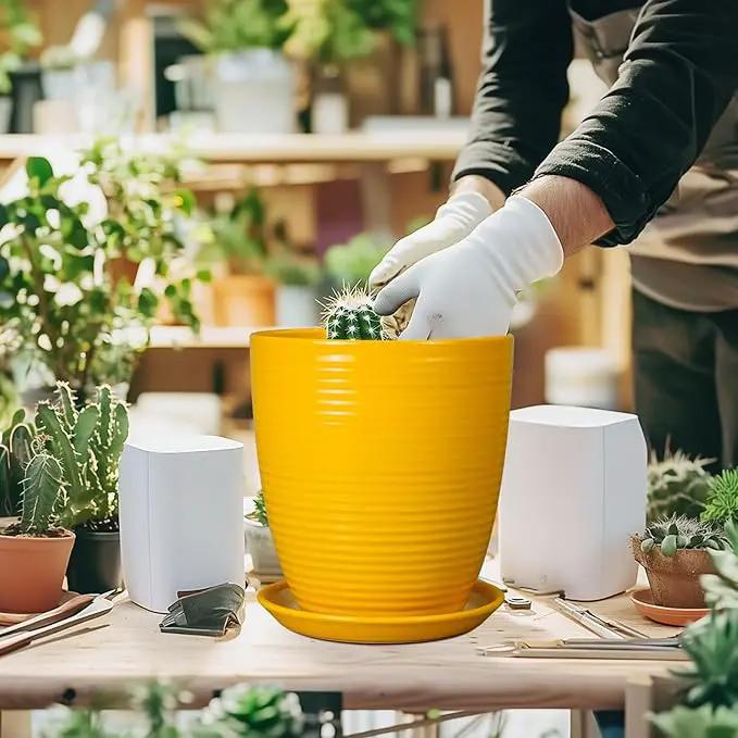 Ceramic Plant Pot - 8 Inch Planter Pot with Drainage Hole and Saucer Round Planter for Indoor Outdoor Plants Flower Pot for Home Patio Garden Office Yellow by GreenHaven Gardens