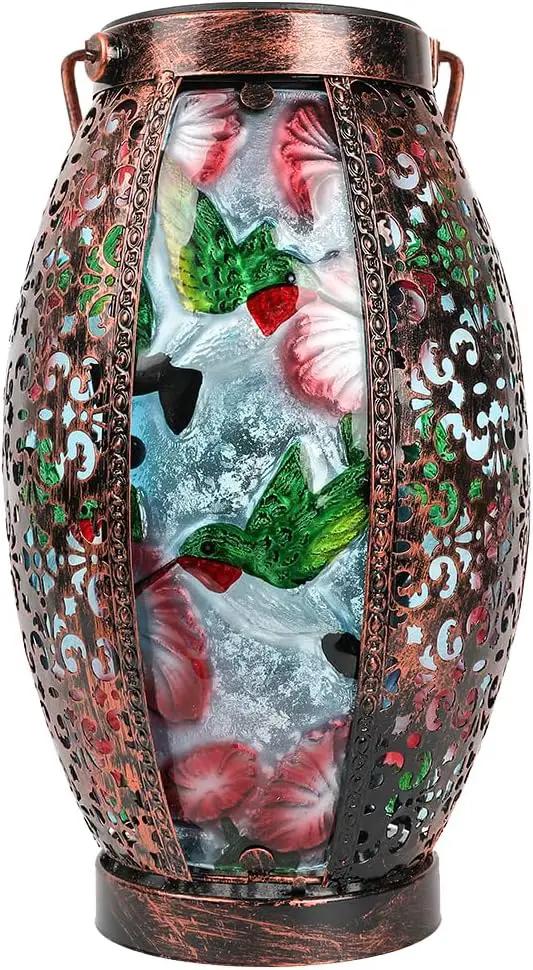 Hummingbird Solar Lanterns Glass & Metal Hanging Lantern Outdoor Waterproof 16" H Tabletop Light with Hollowed-Out Design for Garden Patio Table Decor Mother's Day Gift by GreenHaven Gardens