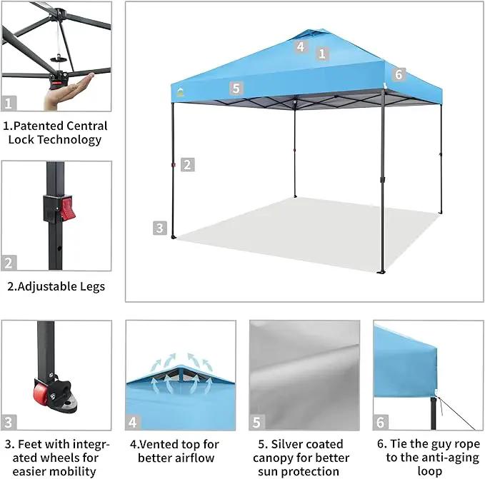 CROWN SHADES Adjustable Height on The Fly, 10x10 Pop Up Canopy - Beach Tent with One Push Setup - Easy Outdoor Sun Shade for Events, Parties, Camping - Outside Shade with STO-N-Go Bag, Sky Blue by GreenHaven Gardens