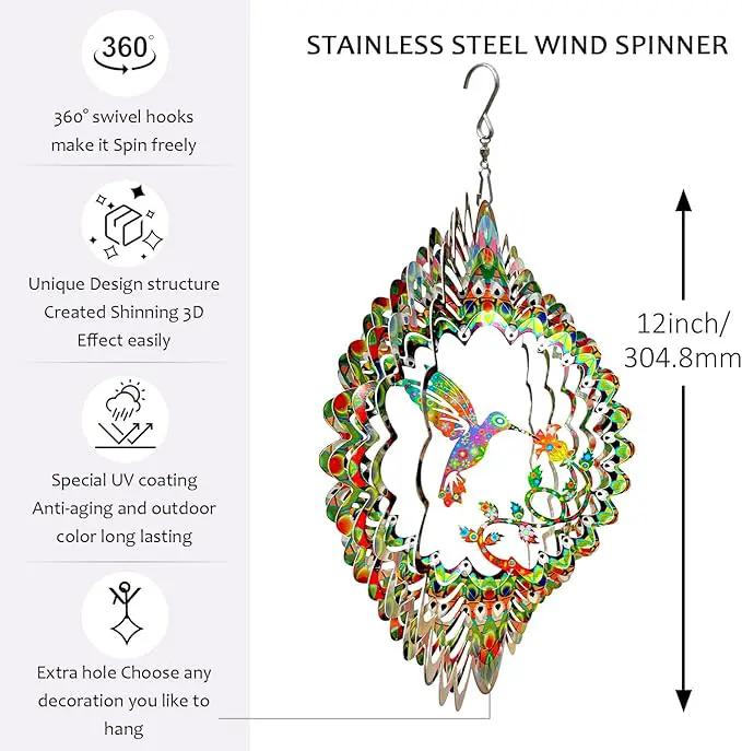 Hummingbird Wind Spinner for Yard and Garden,12in 3D Wind Spinner Hummingbird Gift for Women/Mother/Father/Men,Hanging Bird Wind Catchers Kinetic Yard Art Ornaments Outdoor Wind Sculptures by GreenHaven Gardens