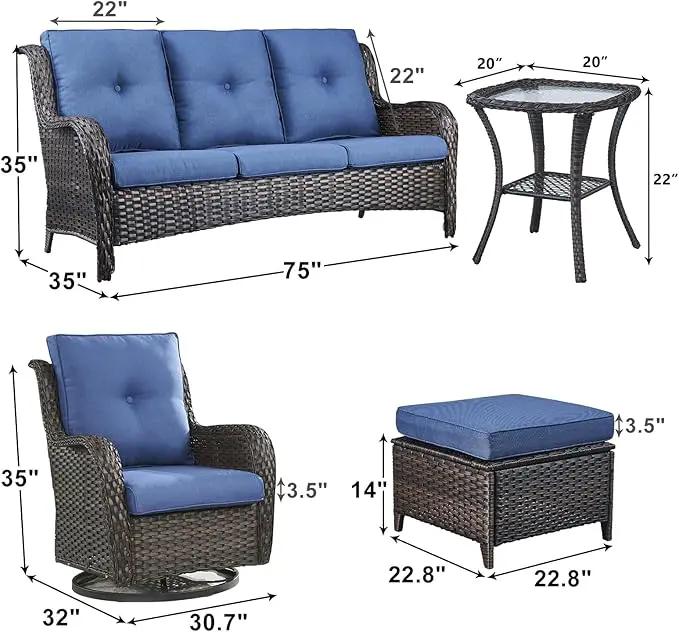 Outdoor Wicker Patio Furniture Set - 6 Piece Rattan Patio Conversation Set with 2 Rocking Swivel Chairs,2 Ottomans,1 Sofa and 1 Side Table for Porch Deck Backyard Garden(Brown/Blue) by GreenHaven Gardens