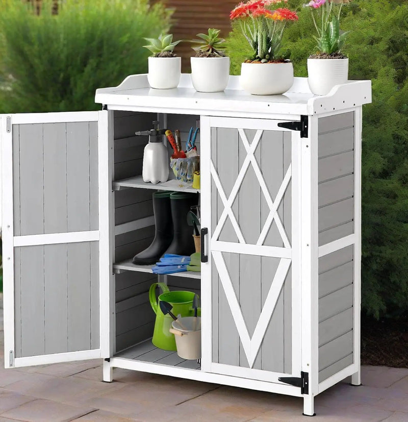 Outdoor Cabinet with Metal Tabletop Garden Potting Bench Table - Outdoor Garden Patio Wooden Storage Cabinet with Adjustable Shelf, Wooden Storage Cabinets, Weatherproof for Garden Patio Lawn by GreenHaven Gardens