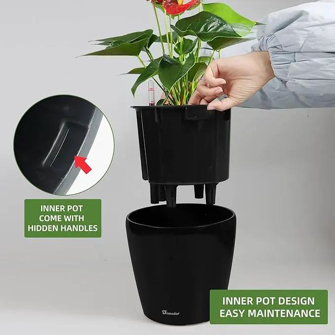 Dexceder 9x8 Inches High Gloss Self Watering Planter Indoor Outdoor, Inner Pot Design, Thickened Table Flower Plant Pot with Water Level Indicator (Black) by GreenHaven Gardens