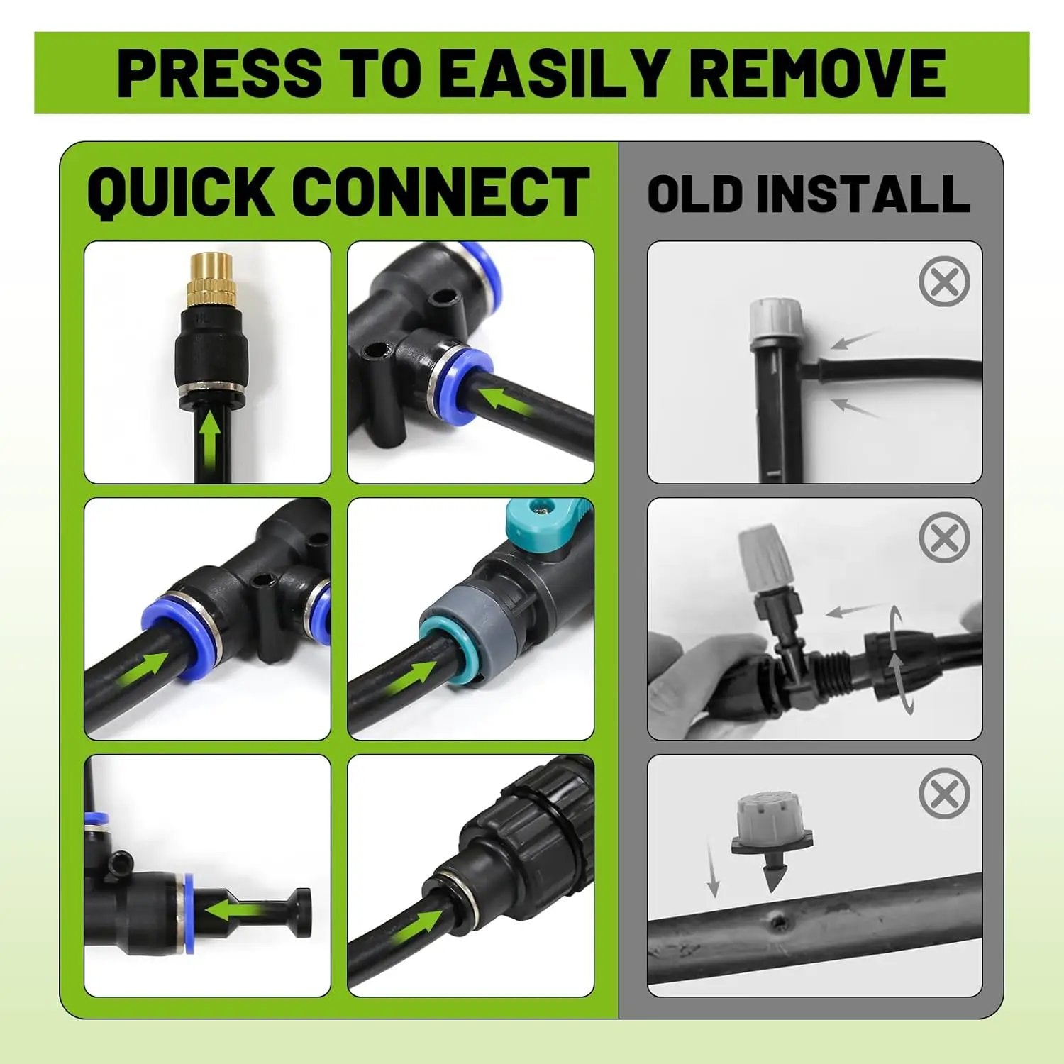 Drip Irrigation Kit - 100 FT. Hose Sprinkler System with 360° nozzles and T-connectors for Gardens, lawns, Plants, Flower beds, Trees, patios and hydroponics (Closeable nozzle-20) by GreenHaven Gardens