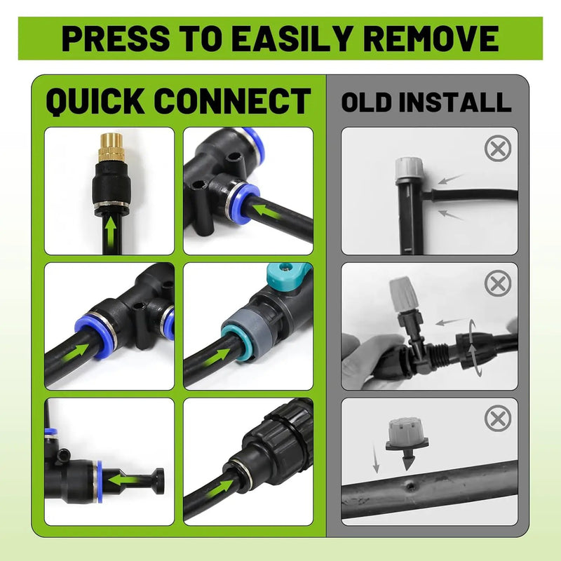 Drip Irrigation Kit - 100 FT. Hose Sprinkler System with 360° nozzles and T-connectors for Gardens, lawns, Plants, Flower beds, Trees, patios and hydroponics (Closeable nozzle-20) by GreenHaven Gardens