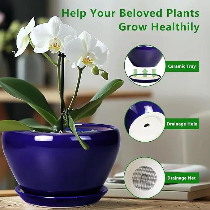 Ceramic Planter Pot 11 Inch - Indoor Planter Pot for Plants with Drainage Hole and Saucer Large Planter Round Outdoor Flower Pot Mid-Century for House Patio Decor Blue by GreenHaven Gardens