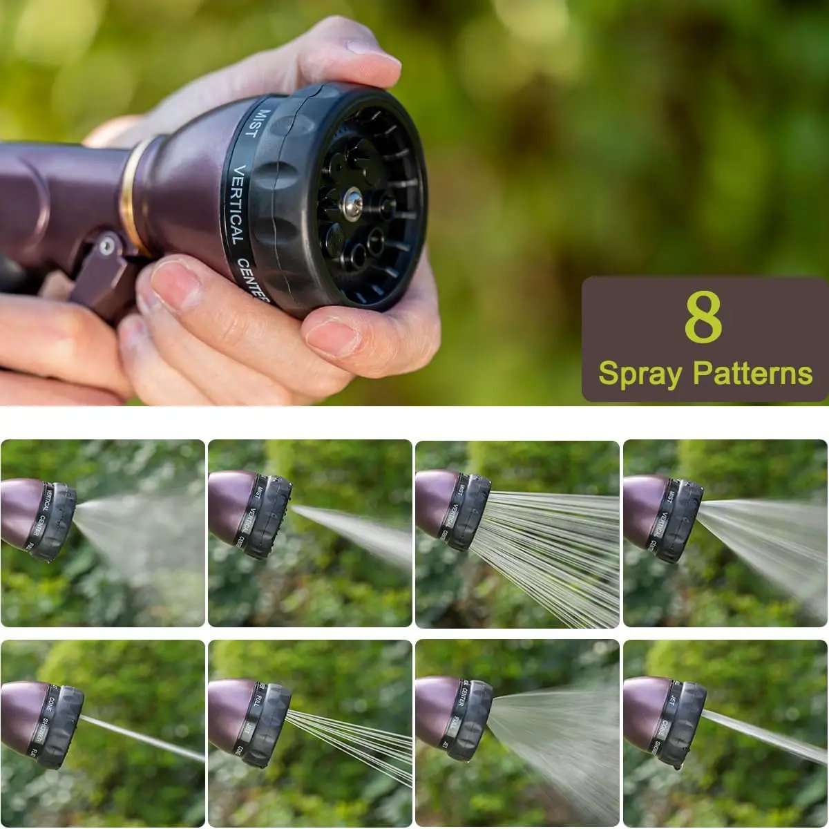 FANHAO Heavy Duty Garden Hose Nozzle, 100% Metal Water Nozzle with 8 Adjustable Spray Patterns, High Pressure Hose Sprayer with Non-Slip Grip for Watering Plants & Lawns, Washing Cars & Pets -Bronze by GreenHaven Gardens