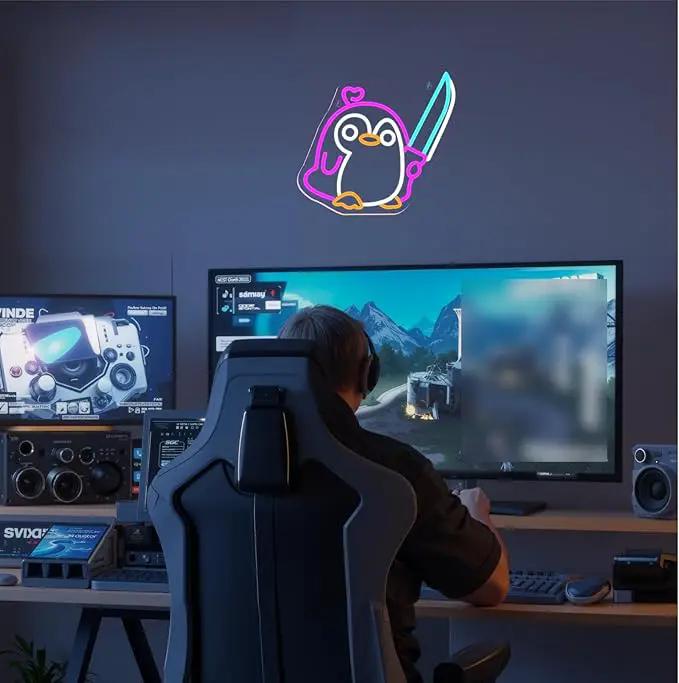 Penguin Neon Sign Dimmable Penguin Knife Neon Signs for Wall Decor LED USB Powered Cute Anime Neon Light Sign For Boys Bedroom Room Garden Party Restaurant Home Decoration Birthday Gifts by GreenHaven Gardens