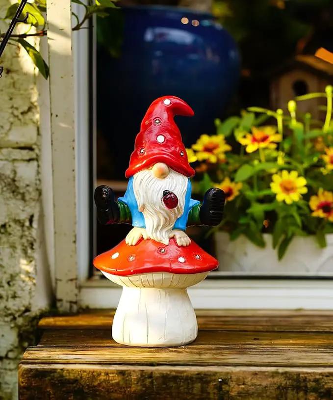 Solar Gnome Statues Outdoor Decor: Garden Figurines Sculpture with Mushroom for Yard Porch Patio Balcony - Gifts for Mother Grandma by GreenHaven Gardens