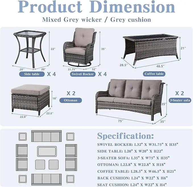 Wicker Patio Furniture Sets - 13 Piece Outdoor Rattan Furniture Conversation Sets with 4 Swivel Rocker Chairs, 2 Rattan Sofas, Wicker Ottomans and Coffee Table, Mixed Grey/Grey by GreenHaven Gardens