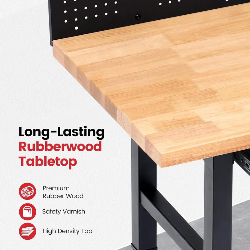 Workbench with Wheels 60 x 22 Inch Heavy Duty Rubber Wood Tabletop Work Bench with Pegboard, Drawers, Power Outlets Adjustable Height Work Table for Woodworking Shop, Home, Office by GreenHaven Gardens