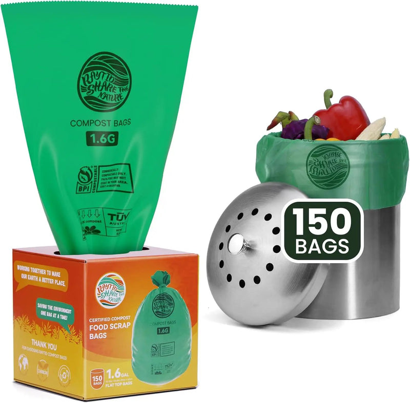 RAYTID 150 Counts 1.6 Gallon (1.6-1.75-2 Gal) Compost bin kitchen Bags, Fit 4.5,6,7,8 Liters,Strong compost bags for countertop bin,ASTM D6400, US BPI and Europe OK compost HOME certified by GreenHaven Gardens