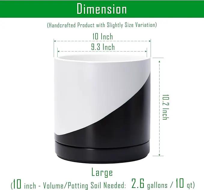 D'vine Dev 10 Inch Ceramic Planter Pot with Drainage Hole and Saucer, Indoor Cylinder Round Planter Pot, Oblique Monochrome Black and White, 94-O-E-K by GreenHaven Gardens