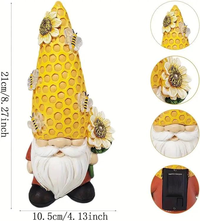 Garden Gnome Statue Solar Powered with Glowing Bees Sunflower Outdoor Funny Resin Figurine Decorations for Patio Yard Lawn Porch Housewarming Ornament Gift by GreenHaven Gardens