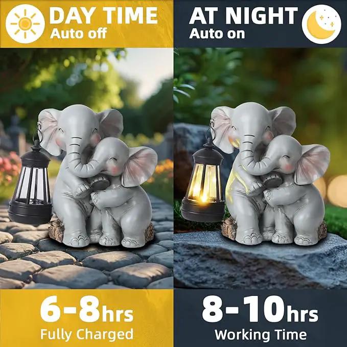 Solar Garden Decor - Mother Baby Elephant Statue with Solar Lantern 7" Resin Elephant Figurines Outdoor Yard Porch Lawn Patio Decor Housewarming Birthday Gift for Mom Grandma Women by GreenHaven Gardens