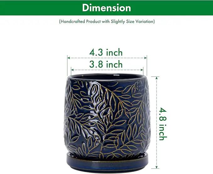 D'vine Dev 4 Inch Embossed Leaves Stoneware Planter Pot with Drainage Hole and Saucer, Midnight Blue, 27-A-Z-3 by GreenHaven Gardens