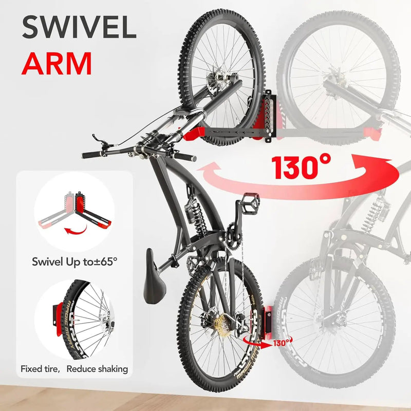 Swivel Bike Rack Wall Mount, Bike Hangers for Garage, Space-Saving Vertical Bike Holder, Holds up to 77 lbs, Bicycle Wall Hanger Storage, No Heavy Lifting Required Indoor Hanging Bike Rack-Red by GreenHaven Gardens