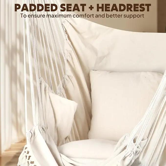 Chihee Hammock Chair Hanging Chair with Foot Rest 2 Cushions Max 500lbs Robust Metal Spreader Bar Collapsible Easy Storage Soft Cotton Swing Chair Strong Strap Iron Carabiner Side Pocket Included by GreenHaven Gardens