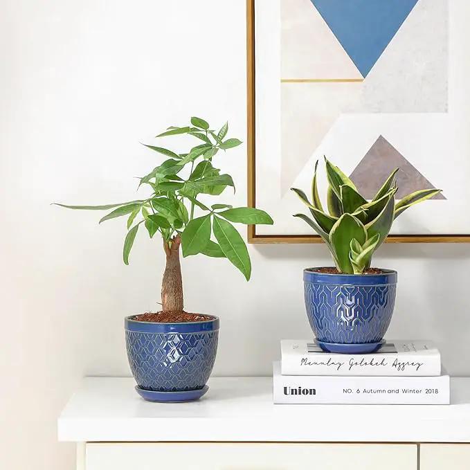 Sureasy Ceramic Indoor Plant Pots - 5.6 Inch Flower Pots for Plants with Drainage Hole and Saucer, Embossed Planter for Succulents, Orchid, Cactus, Indoor Home Decor, Set of 4, Blue by GreenHaven Gardens