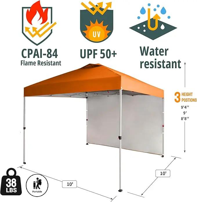 CROWN SHADES 10x10 Pop Up Canopy with 1 Side Wall - Beach Tent with One Push Setup - Outdoor Sun Shade for Events, Parties, Camping - Gazebo with STO-N-Go Cover Bag (Orange) by GreenHaven Gardens