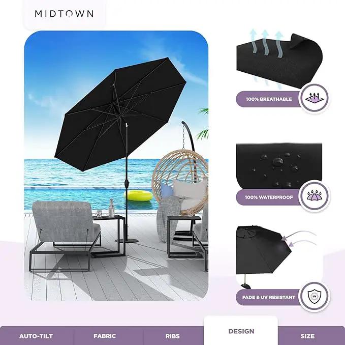 Midtown Umbrellas 10-Year-No-Fade - 8 Ft - UV Proof Ebony (Black) Polyester Fabric - Umbrella Outdoor Patio, Auto-Tilt Aluminum Frame Patio Umbrella for Garden, Pool & Deck - Black Pole by GreenHaven Gardens