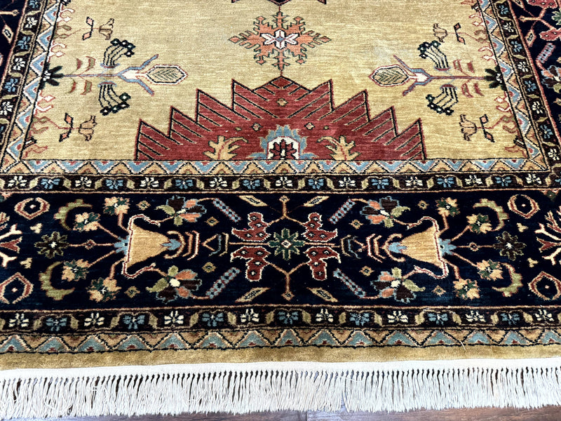 Indo Persian Heriz Rug 8x12, Camel Hair Tan and Navy Blue, Decorative by Jewel Rugs