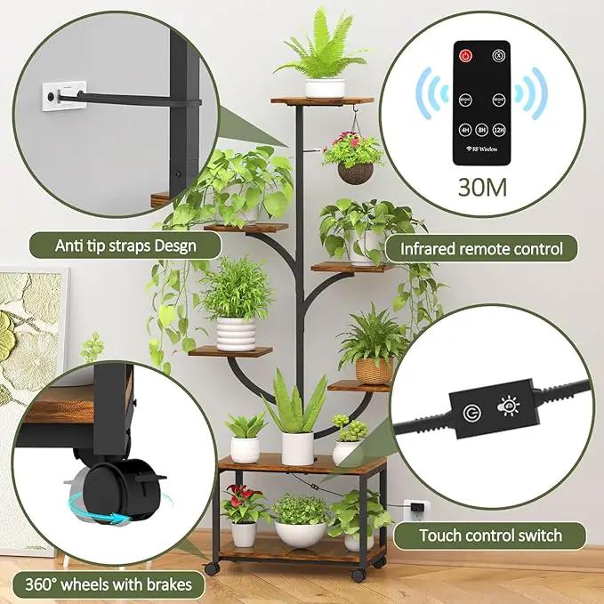 Plant Stand Indoor with Grow Lights, 60" Tall 7-Tier Metal Plant Stand with Wheels & Tree-Shaped Design for Indoor Plants, Flower Holder Display Rack for Home, Patio - Black by GreenHaven Gardens
