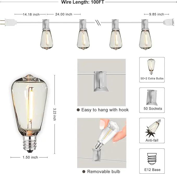 DAMAING LED Outdoor String Lights 100FT Patio Lights with 52 Shatterproof Edison Bulbs,Dimmable Hanging Lights,Waterproof String Lights for Outside Wedding,Bistro,Porch,Backyard,2200K by GreenHaven Gardens