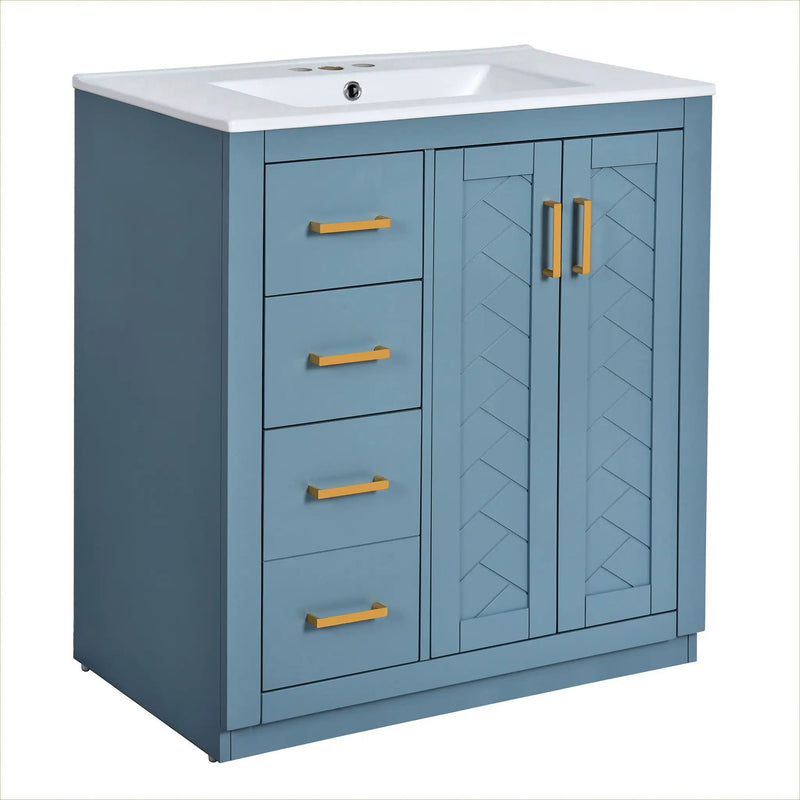 Ceramic Sink Combo, Freestanding Vanity Set With 3 Drawers & Soft Closing Doors