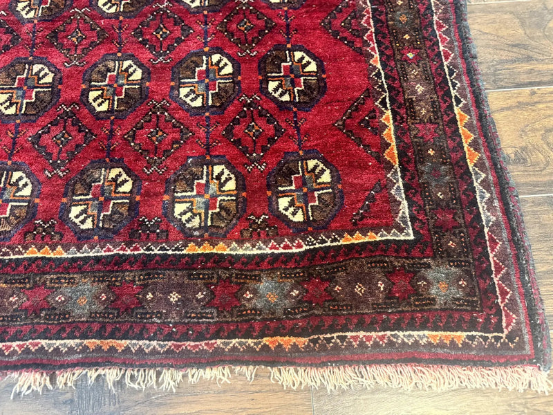 Persian Turkoman Tribal Rug 4x8, Handmade Vintage Wool Carpet, Red, Bohemian Rug by Jewel Rugs