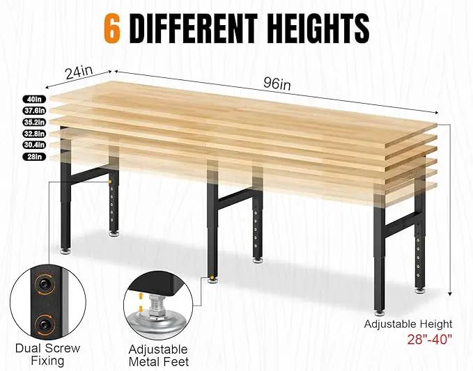 96”Adjustable Work Bench, 5000 LBS Capacity Heavy Duty Workbench with Power Outlet & Pegboard, Rubber Wood Work Table for Garage, Workshop, Office, Home by GreenHaven Gardens