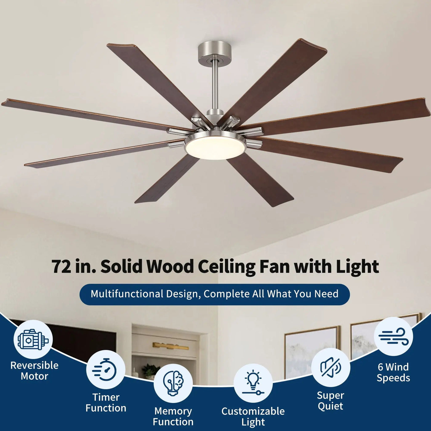 Large Ceiling Fan With Dimmable LED Light 8 Blades Remote Control, Reversible DC Motor by HouseOfZazla