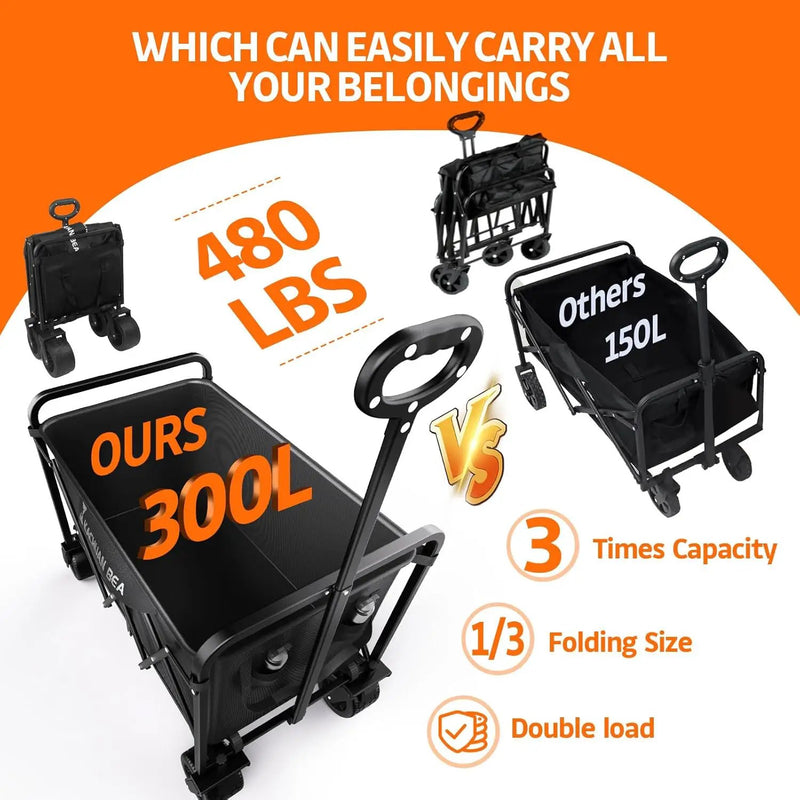 300L Large Collapsible Wagons Carts with Big All-Terrain Beach Wheels, Foldable Shopping Wagon Cart, Heavy Duty 480lbs Load, Folding Utility Cart for Groceries Garden Sport (Black) by GreenHaven Gardens